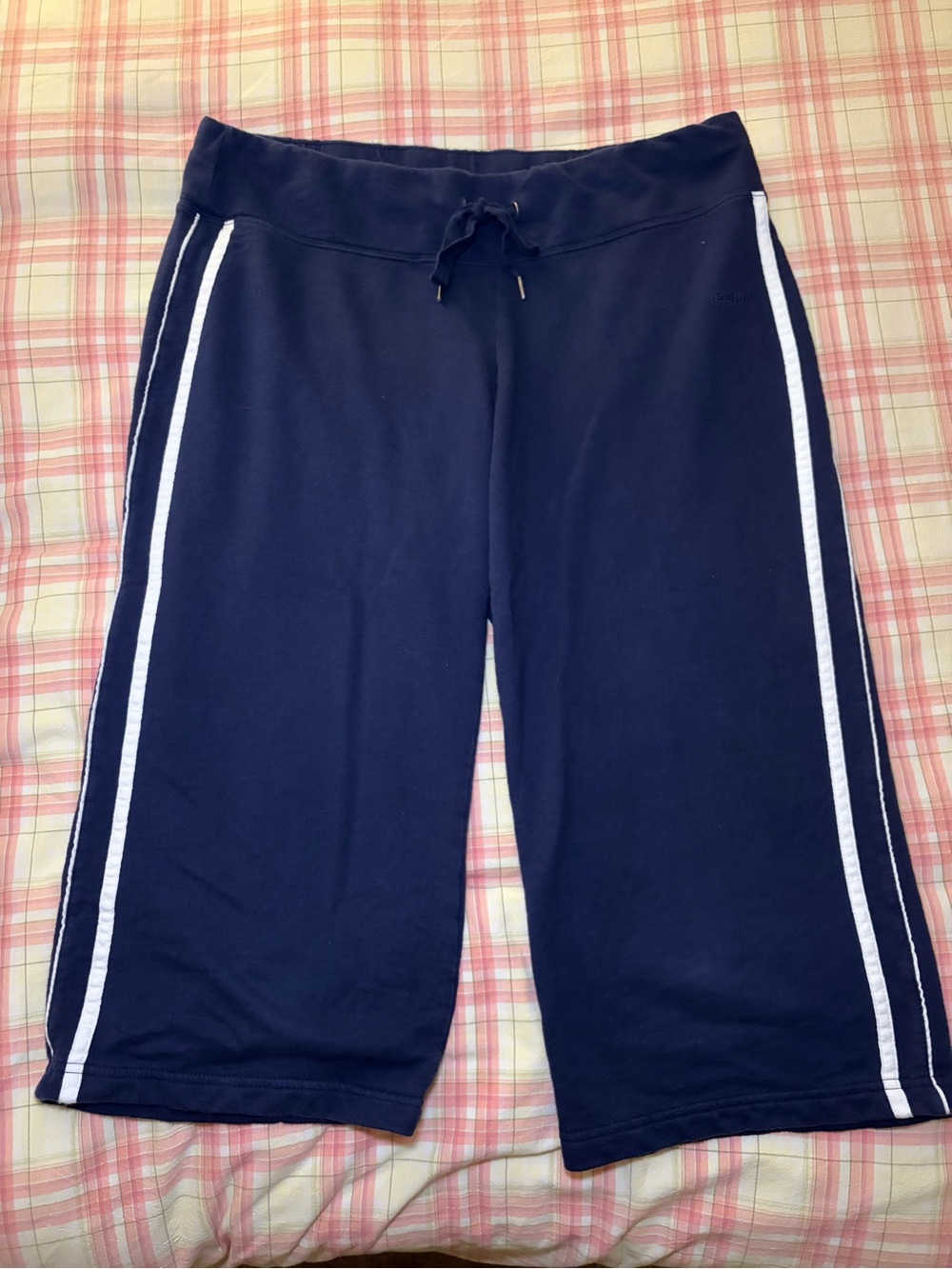 Navy Blue Reebok Capris with White Stripes and Drawstring Waist